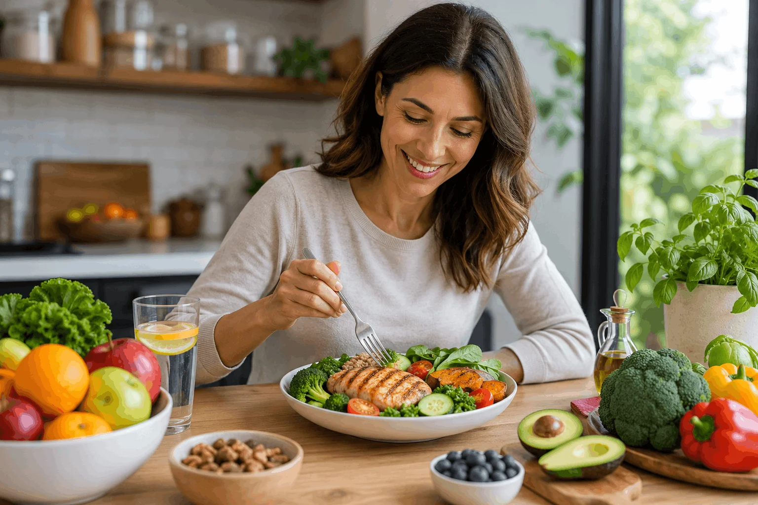 Woman enjoying a high-protein healthy meal with fresh vegetables to support GLP-1 weight loss success