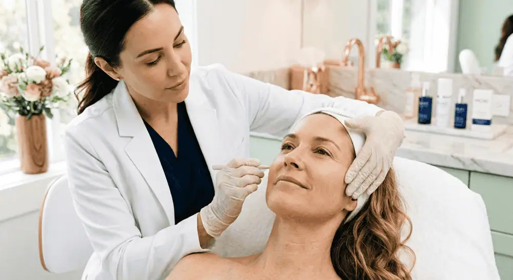 A provider explaining skin quality and facial volume loss treatments to a patient during a consultation in Kentfield, CA